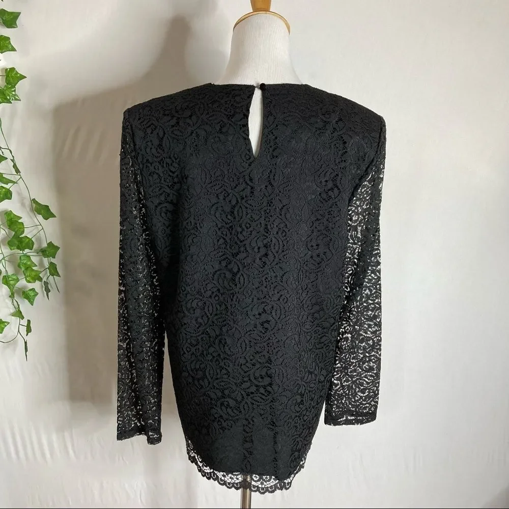 Vintage J. Jill Black Lace Long Sleeve Top Size 12